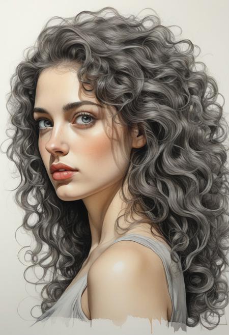 Portrait of a young woman, long curly  hair swept to one side, grey eyes, perfect figure, 2/3 face angle, post-processing rendering, Oil Ink drawing, ink and watercolor, high color saturation, masterpiece, surrealism, ultra detailed, high resolution