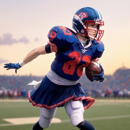 anime girl football player wearing light blue and white football uniform, (shoulder pads), pink hair, (football pads), sports anime, american football, long flowing hair, (large anime eyes), gridiron, (long hair), sportswear, shoulder pads, ((football helmet)), perfect hands, feminine, ladylike, womanly, beautiful face, ((helmet face mask bars covering lower face)), american football object,speed flex helmet, sailor school girl uniform, bow tie, sailor skirt, football pants, gloves, long socks, jersey numbers, anime aesthetic, realistic proportions, tackle football, masterpiece, best quality, realistic shaded, perfect face, fine details, perfect lighting