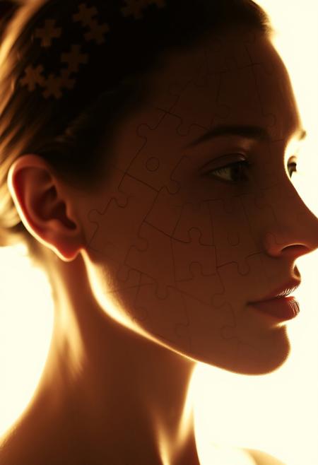 Closeup of a woman head made of puzzle pieces, bright background, dramatic light