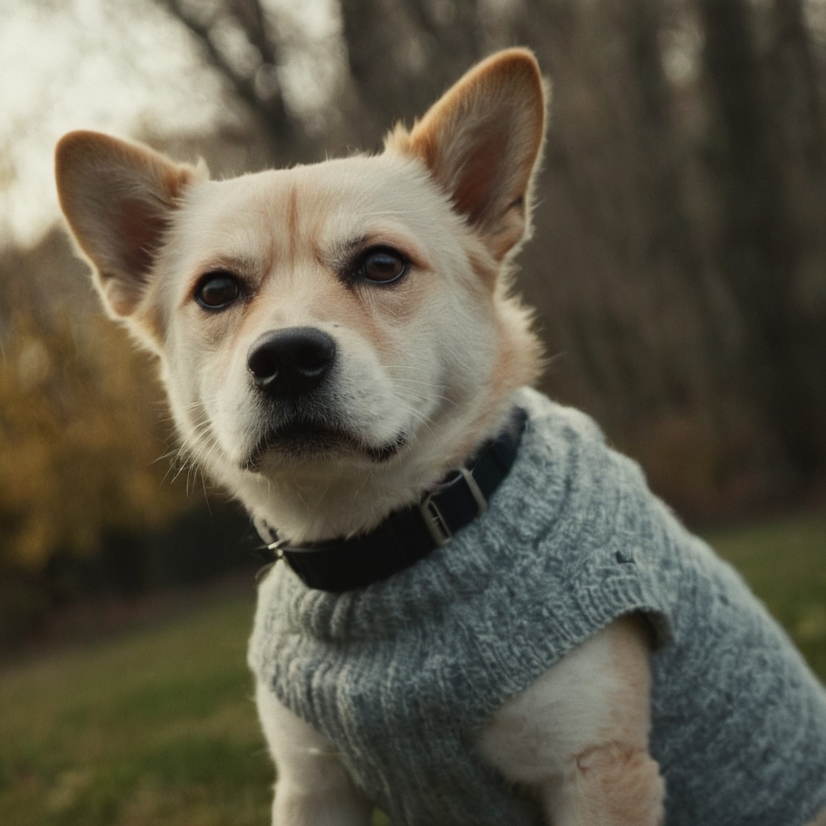 cinematic film still of  <lora:rotated view Style:1> rotated camera angle view style:1.5
a dog wearing a sweater and a col...