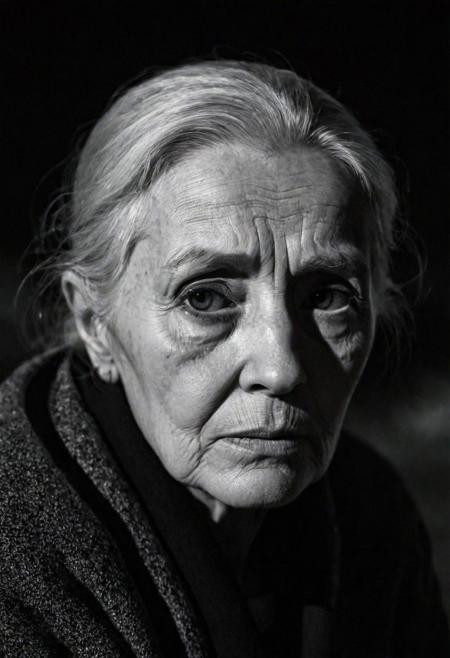 cinematic, ((black and white, monochrome, greyscale)), flash photograpy, close up, portrait, of a depressed and lonely elderly woman, beautiful eyes, mourning, posing, her husband's headstone, in a dark, dimly lit, graveyard, at night, noise, detailed, high quality, cinematic lighting, contrast, heavy dynamic shadows, atmospheric, Nikon FA, 105mm, f2.8,