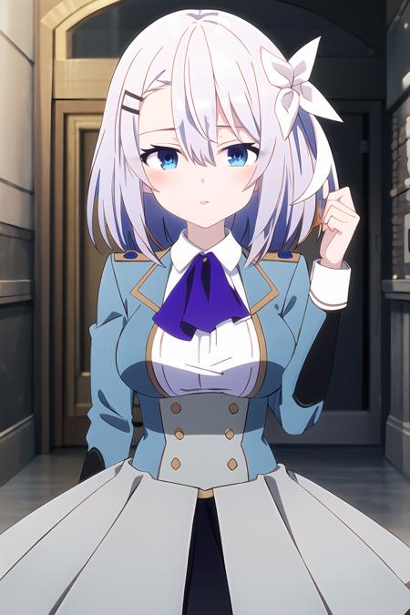 sakuna, 1girl, solo, blue eyes, breasts, shirt, looking at viewer, parted lips, virtual youtuber, jacket, ascot, white shirt, blue jacket, hair between eyes, skirt, long sleeves, collared shirt, blue ascot, medium breasts, bangs, white skirt, short hair, bow, grey hair, hand up, white hair

best quality, high quality