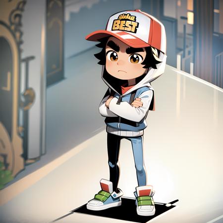 ((masterpiece, best quality)),(complex light), solo, full body,1boy, jake, brown eyes,thick eyebrows, <lora:JakeSubwaySurfer1-10:0.6>,hood, baseball cap, simple background, standing, (crossed arms:1.2),  gradient background, chibi,