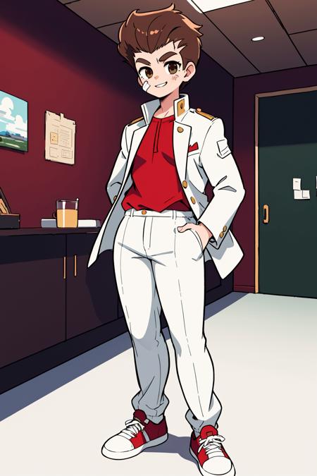 (kunio-kun:1.25) [bandaid on face:0.2] pompadour brown hair brown eyes white_jacket red_shirt white_pants brown_shoes