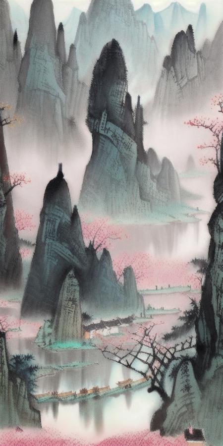 UIASM,Ink painting, children, Chinese architecture, lake, algae, hibiscus, distant mountains, moon, in autumn, a tree with pink flowers blooming, islands, boats, on terraces, green trees, blue sky<lora:UIASM2.0:1>