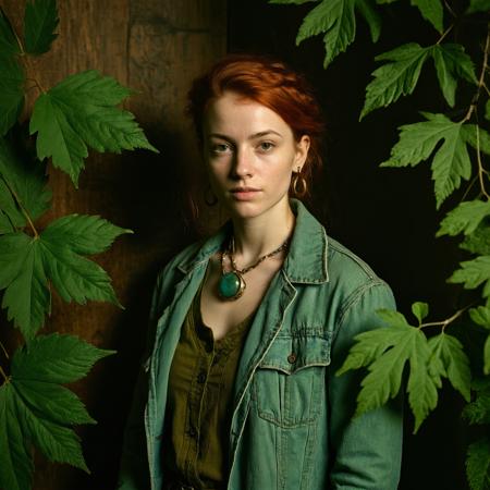 RAW full body analogue photo of a beautiful 20 years old woman, clear focus, 8K,__Random_Woman__,Nature Explorer: Botanical tattoos, wood rings, leaf necklaces, sharp gaze, natural makeup, explorer attire, boots, minimal piercings, practical, canvas jacket. ,low light, soft natural light, Rembrandt style light, Hasselblad DLSR camera, 200mm Zeiss lens, f/2.8, ,Sexy pose, erotic pose, exhibitionism