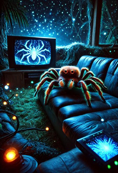 a silly tarantula sitting on his old couch watching tv. captures the mystical and magical atmosphere of a world illuminated by bioluminescent organisms. This world is characterized by glowing colors, soft light sources, and an eerie, almost alien beauty