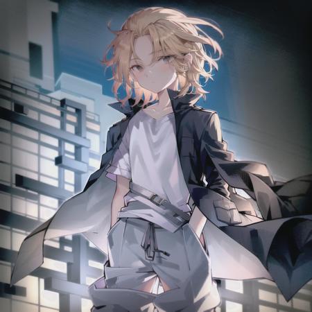 high detailed, 8k, highres, mikey, manjiro_sano, tokyo_revengers, 1boy, solo, male focus, blonde hair, shirt, jacket, hands in pockets, white shirt, pants, looking away, wind, jacket on shoulders, standing