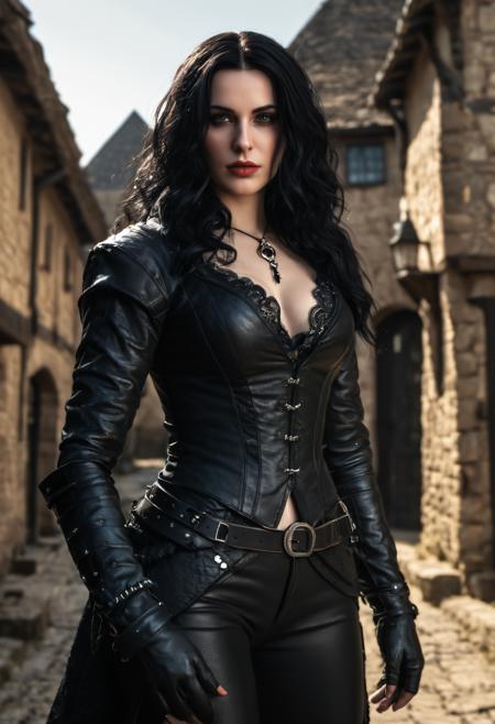 (realistic:1.2) Yennefer of Vengerberg from The Witcher, depth of field, dynamic angle, fashion photography, sharp, hyperdetailed:1.15, dynamic poses, realistic skin, realistic, bright sunlight, deep shadows, photoshoot, medieval village background, style by Greg Rutkowski, by Milo Manara and Russ Mills, with insanely intricate details and textures, gloomy dramatic lighting, 8K resolution