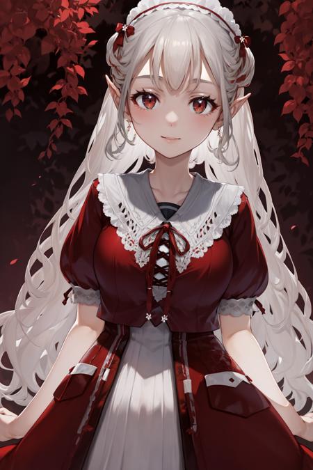 elu \(niji\), 1girl, medium breasts, dress, red dress, short sleeves, <lyco:KitsuneAi-EluNiji-LoCon32V1-000006:1.0>