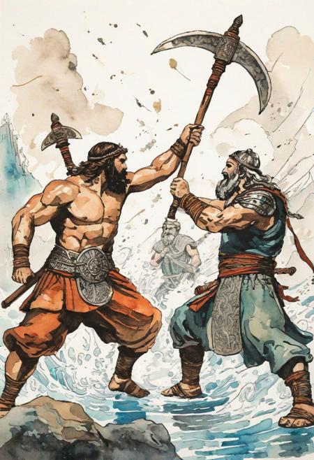 a illustration,ancient times,two giant,fighting,mucular,one swinging a battle-axe,another swings a sword,ink painting,water color,sketch,bold lines,monocolor,astonished details,the third rule of composition <lora:ral-drptpl:1> ral-drptpl