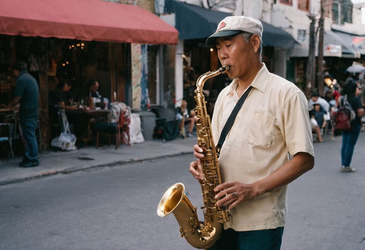 leica m3, 35mm Voigtlander lens, Portra 160/400, photo of asian fisherman playing tenor saxophone in Village Vanguard, high resolution, high contrast, natural  sunlight