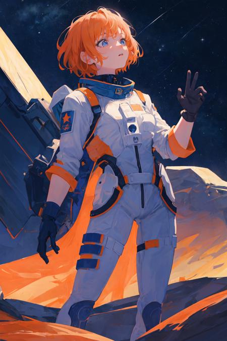 masterpiece, best quality, illustration, scenery, space, starry sky, star, desert, 1girl, standing, from side, reaching up, looking up, mature, short orange hair, blue eyes, white spacesuit, gloves