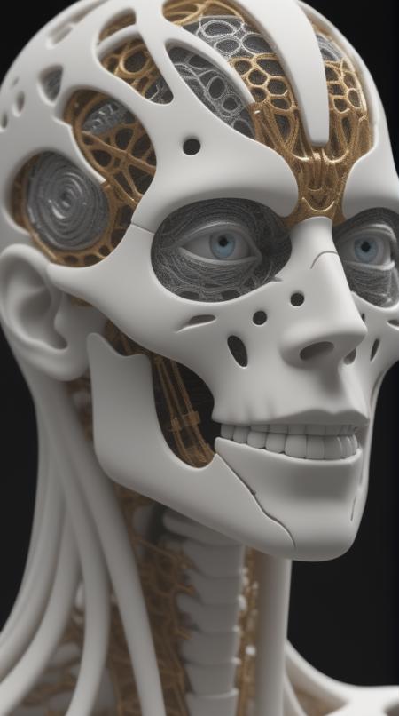 A stunning illustration of an evil neural network organism,superior artificial intelligence,half of the face is robotic skeleton,stunning facial details,45 degree angle of view,elegant,electro,(composition{[leading_lines][rule_of_thirds][.707_trigonometric_scalar_to_color_scene_structure_lighting_sources_depth_of_field_light_temperature_ambient_occlusion_global_illumination_via_1.618033988749895_ratio_proportion_to_spacing_and_dimensions]}+++) (quality{[intricate_insane_exponential_details_QHD_resolution_volumetric_lighting_depth_of_field_FullFrame_36x24mm_Nikon_D850_sensor_grain_texture]}),