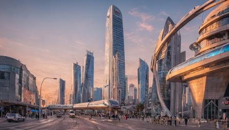 architecture photography,street in futuristic city,glass skyscrapers,pedestrians,monorail,advertisements,sunset,detailed,train station,cinematic lighting,architecture photography,