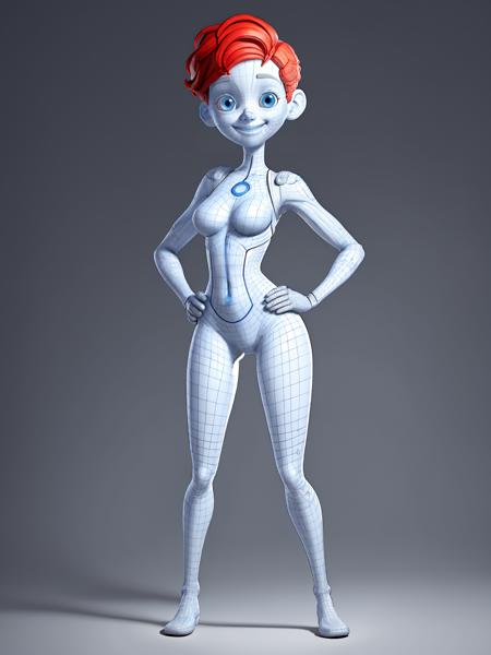 1girl, solo, blue eyes, hand on hip, red hair, bodysuit, full body, looking at viewer, smile, standing, black background, breasts, contrapposto, legs apart, short hair, medium breasts, skin tight, hair ornament, gloves, monochrome, 
(wireframe:1.2),<lora:topo_v3_t2i:0.6>, close-up,