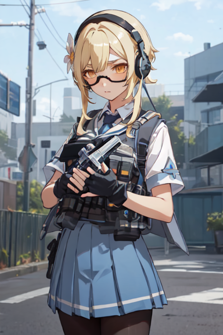 LumineGunner, 1girl, solo, tinted eyewear, pleated skirt, blue skirt, blonde hair, hair ornament, black gloves, school uniform, yellow eyes, hair flower, pantyhose, sidelocks, fingerless gloves, headset, elbow pads, bulletproof vest, 