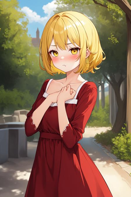 masterpiece, best quality, 1girl, yellow hair, outdoors, blush, pout, red dress