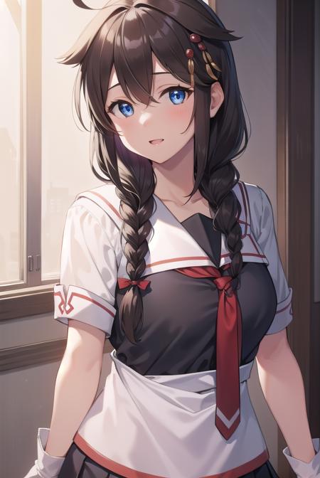 shigure, <lora:shigure-lora-nochekaiser:1>, 
shigure, ahoge, brown hair, blue eyes, braid, hair ornament, hair over shoulder, long hair, single braid, hair flaps,
BREAK black gloves, black serafuku, black shirt, black skirt, fingerless gloves, gloves, neckerchief, pleated skirt, red neckerchief, sailor collar, school uniform, serafuku, shirt, skirt, white sailor collar,
BREAK looking at viewer, 
BREAK indoors, classroom,
BREAK <lyco:GoodHands-beta2:1>, (masterpiece:1.2), best quality, high resolution, unity 8k wallpaper, (illustration:0.8), (beautiful detailed eyes:1.6), extremely detailed face, perfect lighting, extremely detailed CG, (perfect hands, perfect anatomy),