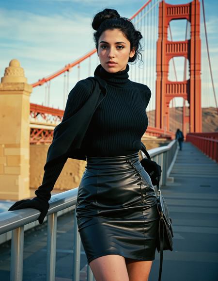 analogue photo of a beautiful age 21 Greek woman, ((dark eyes)), ((black hair)), olive skin, oval face, curly hair tied in a loos bun, <lora:Greek_contemporary_Goddess-000006:0.5>, greek goddess,wearing A pencil skirt with a pinstripe wool pattern worn with a cashmere turtleneck sweater and layered under a trench coat. Add thigh-high nylon stockings, lace-up leather boots, and a leather satchel bag. Accessorize with a silk pocket square and leather gloves,,((soft natural light)), ((rembrant light)), shadows, clear focus, high resolution image, photo Fantasy art combining the styles of Boris Vellejo and Luis Royo,Photorealistic, real photo, god rays, 1girl, 21yo,realistic, ,Sexy pose, erotic pose, exhibitionism, ,Golden gate bridge