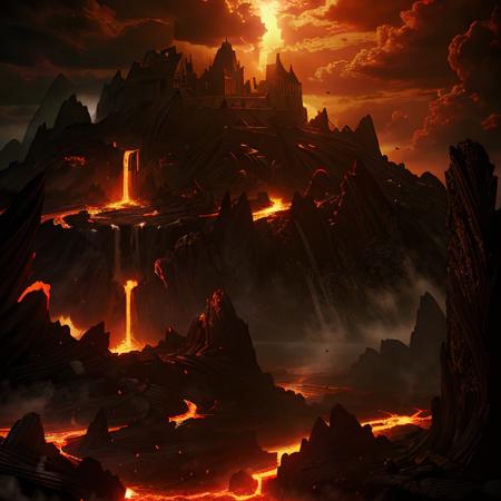 (masterpiece:1.2), (best quality,:1.2), 8k, HDR, ultra detailed, ((photorealistic)), professional light, cinematic lighting, fashion photography, ambient lighting, atmospheric effects, lava, mountains, castle, gates of hell, <lora:RealmsOfFire-10:1>, epiCPhoto