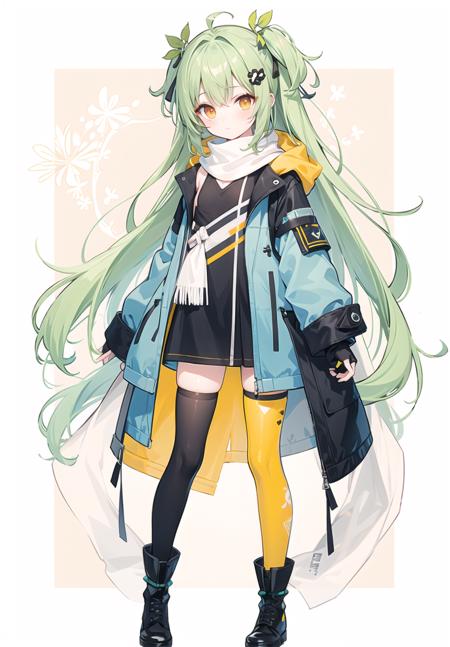 (pixiv masterpiece),best quality,1girl,cute,kawaii,flat chest,green hair,orange eyes,clover hair ornament,long hair,disheveled hair,messy hair,sweater,translucent coat,fingerless gloves,closed hands,white legwear,full body,see-through legwear,scarf,