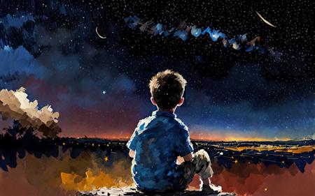 impressionist speed painting of a boy sitting and looking up in awe at a stunning celestial night sky, after hours, low light, stars