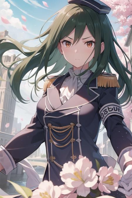 cruschkarsten, <lora:cruschkarsten-lora-nochekaiser:1>,
crusch karsten, long hair, hair between eyes, green hair, (brown eyes:1.4),
BREAK gloves, long sleeves, hat, jacket, boots, frills, white gloves, black footwear, uniform, military, ascot, military uniform, armband, epaulettes, white ascot,
BREAK looking at viewer, full body,
BREAK outdoors,
BREAK <lyco:GoodHands-beta2:1>, (masterpiece:1.2), best quality, high resolution, unity 8k wallpaper, (illustration:0.8), (beautiful detailed eyes:1.6), extremely detailed face, perfect lighting, extremely detailed CG, (perfect hands, perfect anatomy),