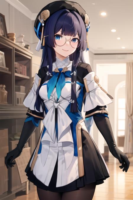 ((masterpiece, best quality)), very detailed,1girl,smile,standing,indoors,medium breasts,bow breasts, beret, pela, honkai star rail, black_gloves, black_headwear, black_legwear, blue_eyes, dress, glasses, gloves, hat, long_hair, looking_at_viewer, pantyhose, red-framed_eyewear, semi-rimless_eyewear, solo, under-rim_eyewear <lora:pela-15:0.7>