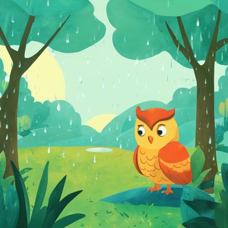 Educational Children's Book Illustration, Primary Color Palette, Wise Owl, Rainy Weather, Schoolyard Landscape, Daytime, Curious Mood
,Kids Book, KidsRedmAF,
 <lora:StorybookRedmondV2-KidsBook-KidsRedmAF:1>