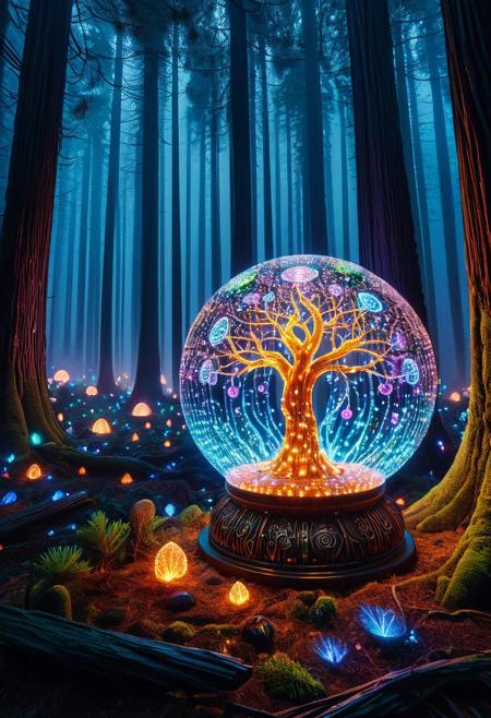 LED, (masterpiece, best quality, highres:1.2), (photorealistic:1.2), (intricate and beautiful:1.2), (detailed light:1.2), (colorful, dynamic angle),
A hyper-realistic close-up of a crystal ball, resting on a weathered colorful pedestal, pedestal made out of colorful LED lights, pedestal is carved with intricate runes, runes glowing faintly in amber LED, detailed,
BREAK inside the crystal ball, a tree made of pines and needles, electricity appears to shock the heart from the edges of the crystal ball, with subtle flickers of light illuminating the swirling smoke patterns, 
BREAK Background, Dramatic lighting, rolling fog, intense highlights, deep shadowy contrasts, creating a powerful, moody atmosphere, Hyperdetailed colorful LED lights create glowing ember effects, intricate reflections, in a spooky forest, depth of field,
organic armor shaped like insect shells and glowing mycelium, helmet visor displaying bio-digital LED readouts, glowing spores drift around her, tracking luminous footprints across an alien terrain of fungal towers and crystal pools, masterpiece, high score, great score, absurdres, 
Style: Whimsical,colorful LED lights,
Color Palette: Warm, inviting colors; golden browns, 
Lighting: Soft and warm lighting to enhance the coziness
Aesthetic: Fun, charming, and delicious