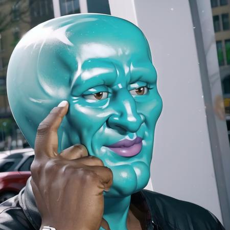 Highly detailed, High Quality, Masterpiece, beautiful, RollSafeMeme, <lora:RollSafeMeme:0.85>, 1boy, solo, smile, Handsome-squidward, blue skin, blue, pink lips, <lora:Char_Sigmas_HandsomeSquidward:0.9>