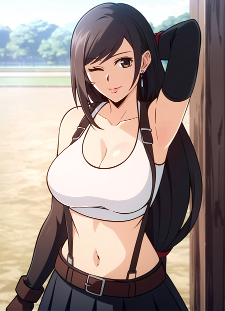 mashle <lora:mashle_offset:1.1>, tifa lockhart, 1girl, thick lips, arm up, armpits, artist name, belt, black hair, breasts, brown eyes, cleavage, closed mouth, collarbone, cowboy shot, crop top, earrings, elbow gloves, elbow pads, gloves, jewelry, large breasts, lips, long hair, low-tied long hair, midriff, navel, one eye closed, outdoors, skirt, smile, solo, stomach, suspenders, tank top, upper body, ((masterpiece)) <lora:tifa_lockhart_offset:0.7>