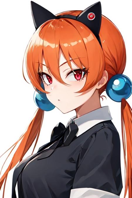 1girl orange hair long hair tsurime twintails fake animal ears hair ornament hair bobbles red eyes low twintails