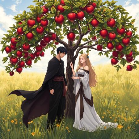 1woman, 1man, dark clothes on man, white clothes on woman, under pomegranate tree, meadow setting, Hades, Persephone, Greek gods, Anime, Nature, Autumn, Fall