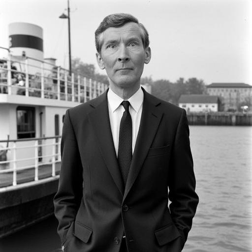 an image of Kenneth Williams wearing a suit standing on a ferry