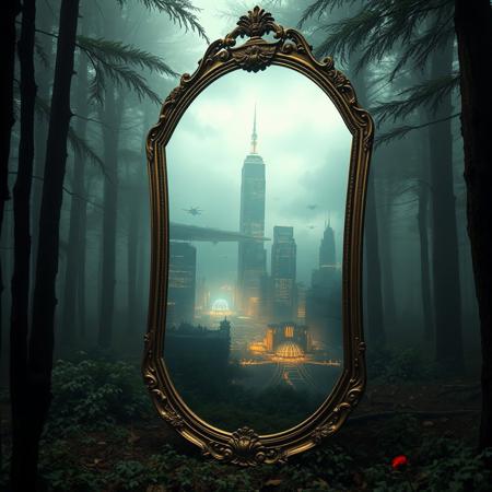 A freestanding, antique mirror sits in a dense, foggy forest, (but instead of reflecting the forest, it shows an entirely different world:1.4). Inside the mirror, a futuristic cityscape with flying vehicles and glowing skyscrapers pulses with life.Hyperrealistic glass textures, intricate alternate realities, and dramatic atmospheric effects.