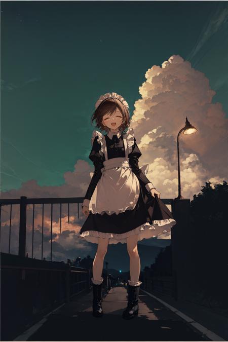 1girl, solo, outdoors, dress, black dress, red socks, closed eyes, short hair, apron, socks, day, smile, sky, full body, open mouth, collared dress, blue sky, maid, building, black footwear, frills, maid apron, standing, bangs, brown hair, bridge, long sleeves, jacket, sleeves past wrists, facing viewer, teeth, white apron, shadow, boots, lace trim, shoes, photo background, cloud, :d, open clothes, black socks, railing, frilled apron, ^_^, road, city ,sky, scenery, star (sky), outdoors, starry sky, cloud, solo, tree, dress, night, night sky, standing, cloudy sky, lamppost, skirt, long hair 
///////////   <lora:chongzhen-000202:1>, <lora:ç»ä¸½çåå½±:0.2>,<lora:add_detail:0.35>, <lora:adaptedmodel:0.35>