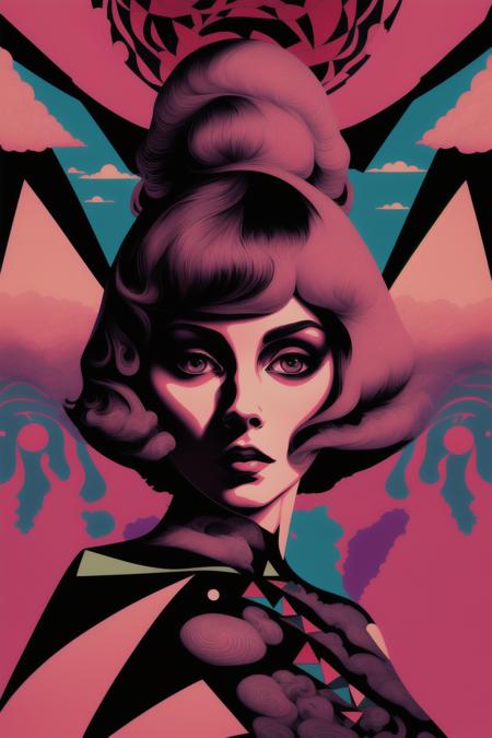 a woman with a black dress and a triangle on her neck and a pink background , psychedelic_noir