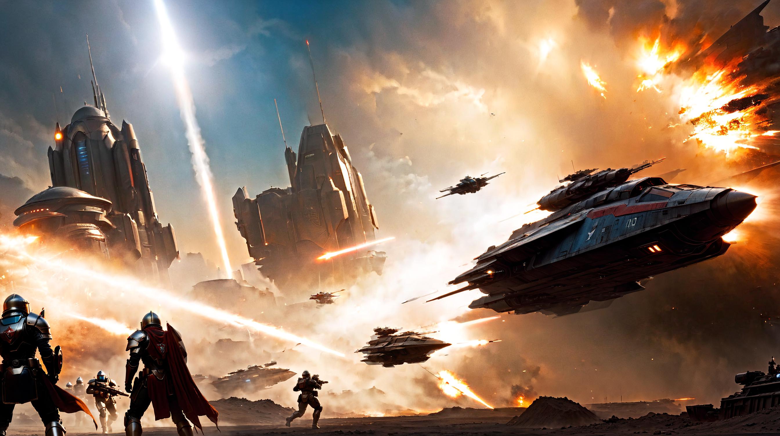 A Space Battle with Multiple Fighters and Ships in a Blue Sky Background