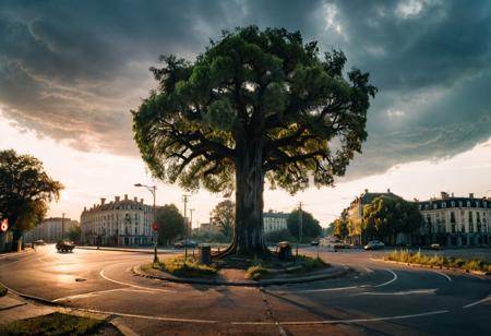 realistic, photograph, detailed photography, high quality,  analog film grain, 
Cinematic Hollywood Film, Cinematic Hollywood Film style, 
BREAK, 
Empty city, post apocalyptic scene, gloomy, dusk, overgrown streets and buildings, large oak tree in the middle of a roundabout, European roundabout, roundabout exits