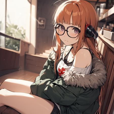 1girl, Sakura Futaba, sitting in cafe, looking shy, glasses, masterpiece, latest  <lora:futaba_xl_a3-000012:1>