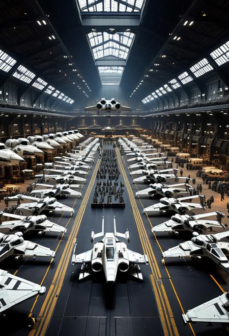 Photograph of a vast Imperial hangar filled with a diverse array of Imperial army units, including Stormtroopers, Imperial soldiers, combat droids, TIE fighter pilots, and massive war machines. Soldiers stand in formation alongside various droid units, while sleek TIE fighters and other advanced Imperial aircraft are parked in the background. The hangar is a colossal, industrial space with towering walls, overhead catwalks, and massive bay doors. Imperial officers oversee the preparation as the units parade their strength and readiness for an upcoming battle. The scene is charged with disciplined order, where every detail, from the polished armor of the soldiers to the cold, mechanical precision of the droids, is meticulously displayed. The lighting is dramatic, casting sharp contrasts between the dark, shadowed areas of the hangar and the gleaming surfaces of the soldiers and machines. The background is rich with intricate details like cargo lifts, maintenance equipment, and large-scale transport ships. High resolution with an emphasis on the small, detailed elements of the soldiers, droids, aircraft, and surrounding environment, creating an immersive, epic depiction of Imperial might on full display.