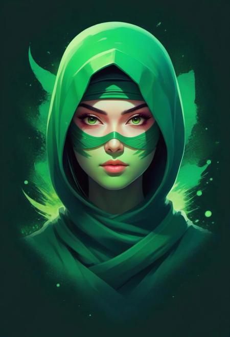 A detailed illustration face evil ninja woman,magic, t-shirt design, green color , dark magic splash, dark, ghotic, t-shirt design, in the style of Studio Ghibli, pastel tetradic colors, 3D vector art, cute and quirky, fantasy art, watercolor effect, bokeh, digital painting, low-poly, soft lighting, bird's-eye view, isometric style, retro aesthetic, focused on the character, 4K resolution, photorealistic rendering, using Cinema 4D