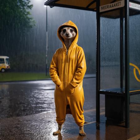 full body portrait of a happy meerkat with a hoodie waiting at the bus stop in rain, cinematic lighting, amazing depth, funny and sad, film still