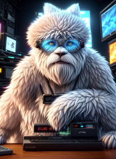 fantasy white fur yeti monster nerd wearing glasses, typing on a computer ((programmer, cinematic, highres, hdr)), ((intricate details, hyperdetailed)), cinematic shot, vignette, ((((ultra detailed)))), ((film grain, fur details, high detailed model texture, 8k hdr, dslr, ultra hard focus)), fantasy