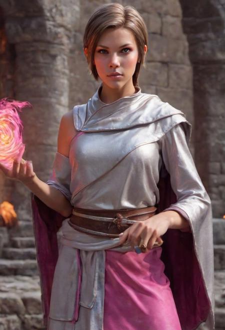 (photo:1.35) (D&D character) (monk/fire sorceress:1.27) tan (Age 21) (shorter layered hair, light brunette:1.27)  (28B-23-31 figure:1.33) makeup (silver/pink attire:1.23), athletic, (blue eyes:.9), in monastery, full portrait to knees, realistic, HDR