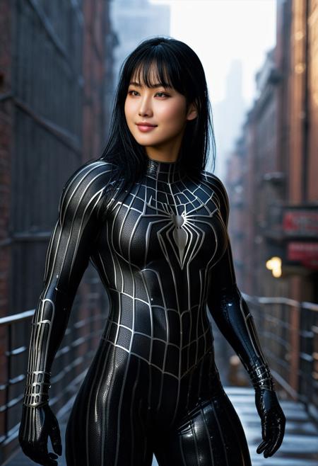 score_9, score_8_up, score_7_up, best quality, realistic, masterpiece, beautiful detail, hyperrealistic, cafe, ((1girl, woman body, huge breasts)), amazing detailed full body portrait of a beautiful japanese girl, wearing a realistic and highly detailed black raimi spider-man suit, ((huge muscular girl)), professional model wears ultra - detailed black raimi spider - man suit, ultra - detailed and grained black raimi spiderman suit, suit covered entire body and hand, black spiderman gloves, wet, (full body), (chilling pose), smile, black hair, octane render, highly detailed, volumetric, dramatic lighting, (highest quality:1.1), (HDR:1.3), (top quality, best quality), realistic, high definition, Expressionism - sharp focus, professional photography, masterpiece, ultra detailed photograph, high quality, 8k,