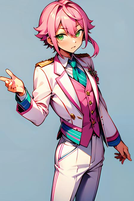 tori_himemiya, pink_hair, green_eyes, 1boy, long_sleeves, pants, white  jacket, formal, ribbon, epaulettes, standing,   dark blue vest, suit,  ribbon on neck, shirt, simple_background, buttons, idol outfit, white pants, smile. on stage, idol, absurdres, high res