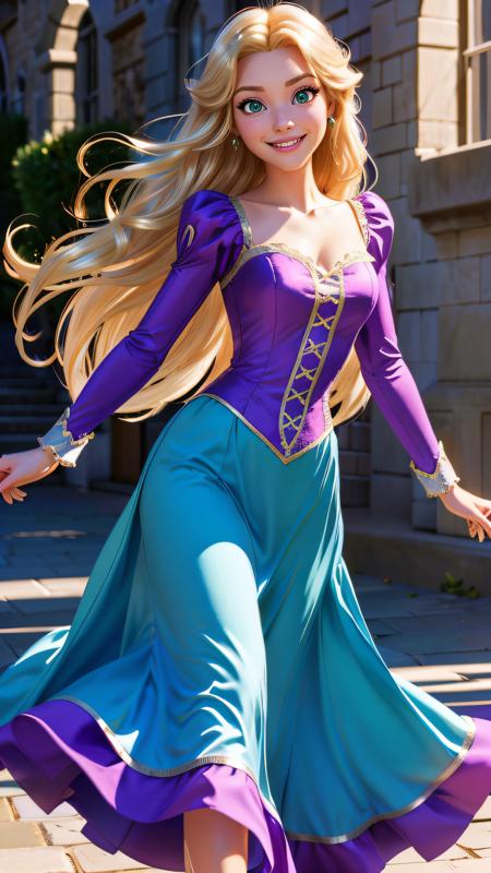 (#Disney CGI style), Disney tangled rapunzel, long blonde hair, green eyes, big eyes, cinematic light, purple dress, dance, smile, happy